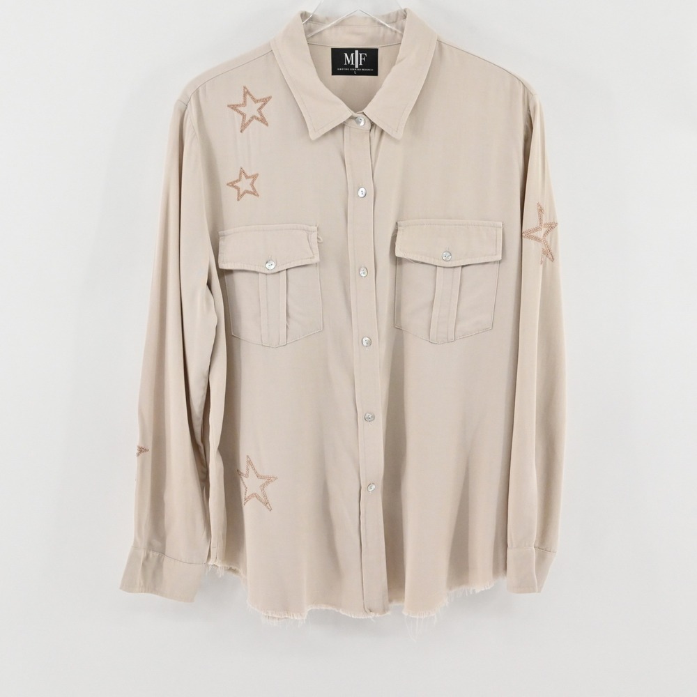 Moving Forward Designs Star Shirt Womens Size L Tan Embroidered Button Boho Chic